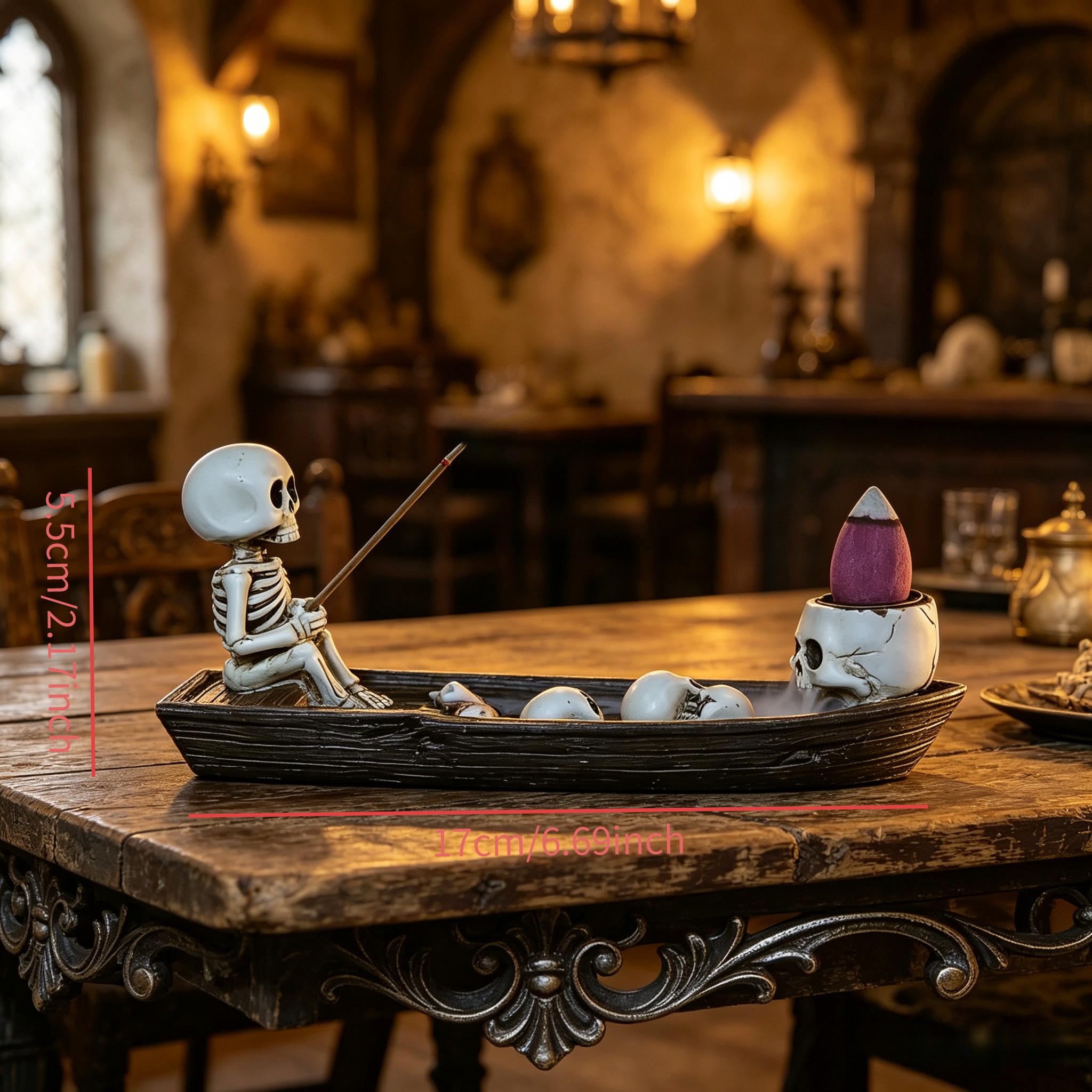 Image of 1pc Creative Fishing - Boat-shaped Base Dual-use Incense Stick And Cone Holder - Dark Gothic Style Resin Decorative Piece - Relaxation Aromatherapy Burner For Tea Rooms And Study Areas - Halloween B