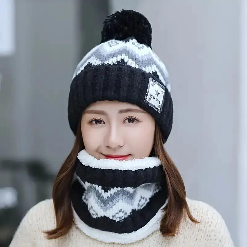 2pcs winter womens winter hat and scarf set star decoration pink and white striped hat soft fleece beige pink white grey black elastic comfortable fleece lining suitable for skiing cycling daily cold weather multifunctional hat winter scarf set winter hat for women hat scarf set fall winter hats women Product details 5