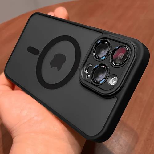 luxury magnetic wireless charging phone case for iphone 16 15 14 11 pro matte translucent hard pc shockproof camera lens case