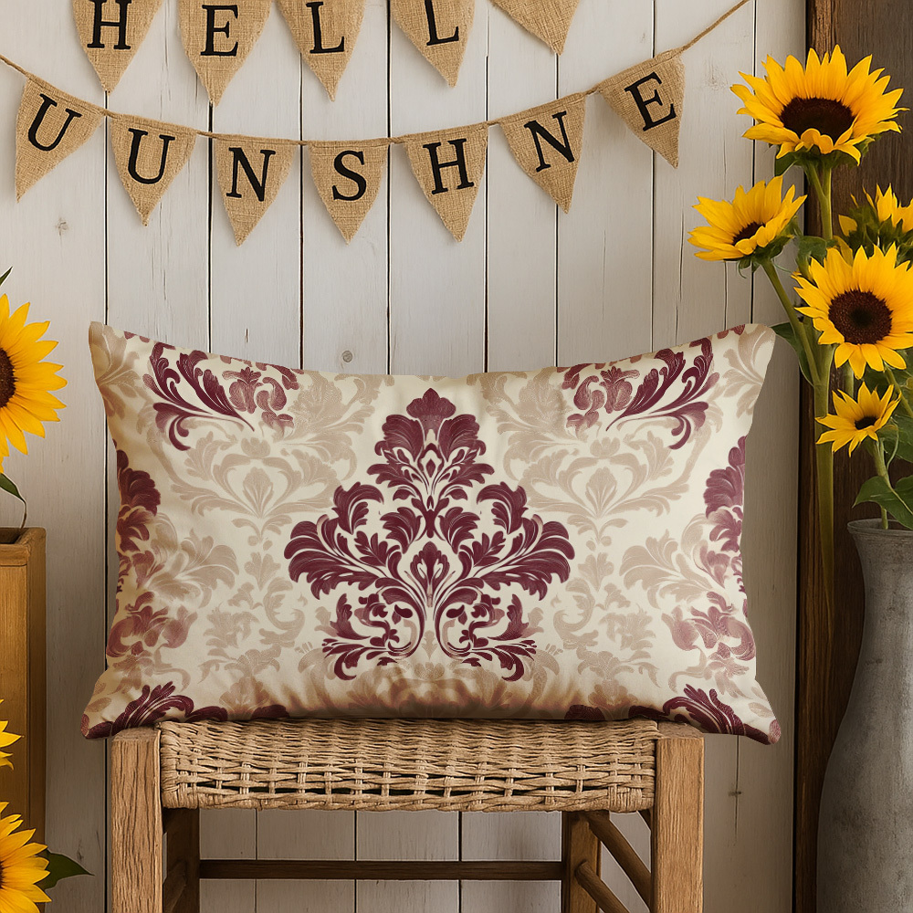 TEMU 1pc Premium Throw Pillow Cover 12x20 Features A Vintage Damask Design In Soft Burgundy And Beige. Its Elegant And Style Makes It Perfect For