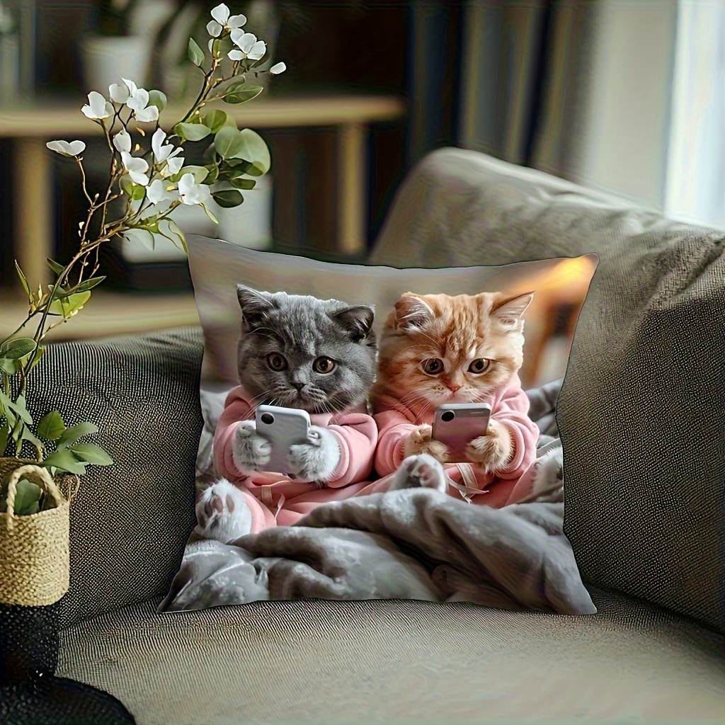 1pc cute   tabby kittens in pink hoodies using phones pillow cover dual sided printed   with zipper closure machine washable grey background decor for sofa bed chair birthday thanksgiving gift for cat lovers home decor accent bedroom accessory   design   print pet owners   thanksgiving Product details 2