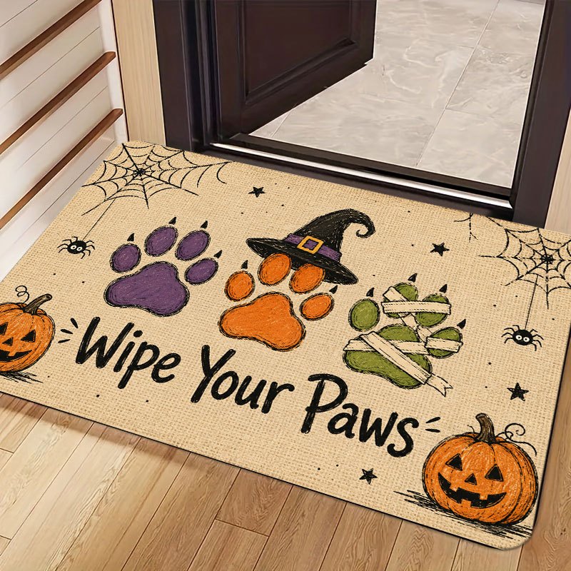 TEMU 1pc Paw Print Pumpkin Halloween Pattern Printed Welcome Mat, Made Of Flannel, Antislip, Soft And Washable, Suitable For Porch Entrance, Bedroom,