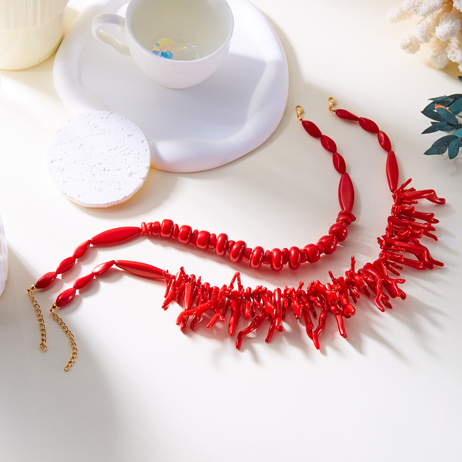 2pcs Red Coral Irregular Geometric Oval Bamboo Body Necklace