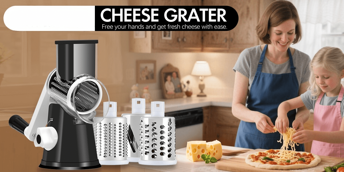 Hand-Cranked Rotary Cheese Grater | for Shredding Fresh Cheese, Vegetables, And Nuts, Metal, Non-Slip Suction Base, Includes Three-Blade Cleaning Brush