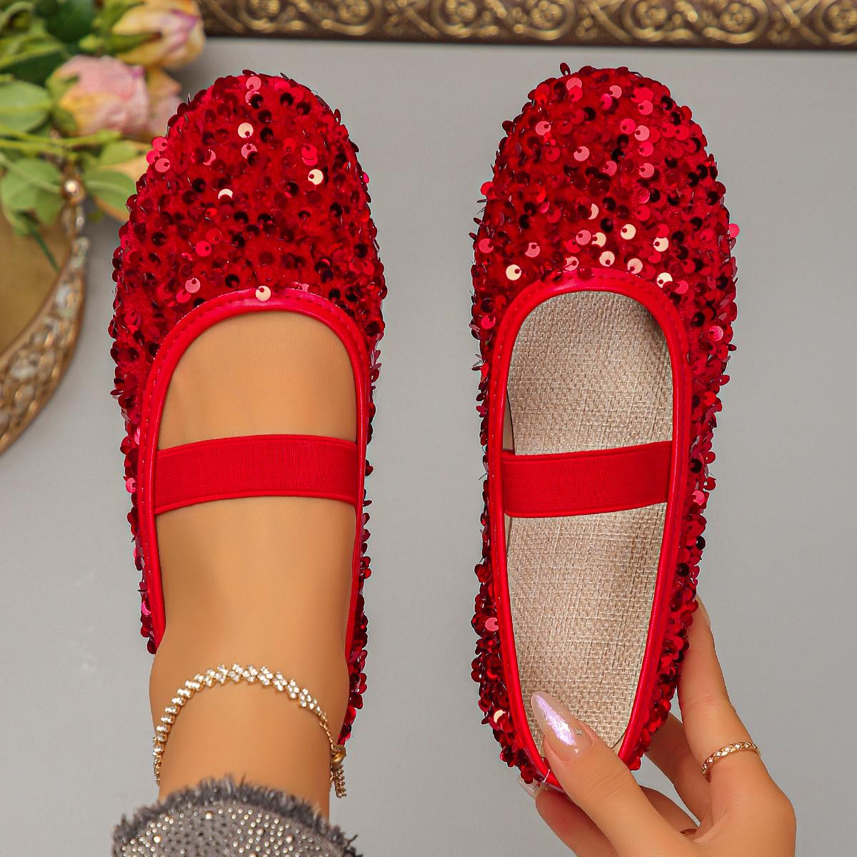 TEMU Elegantes bailarinas Mary Jane para mujer, parte superior con lentejuelas brillantes y coloridas, zapatos planos sin cordones con casual, para
