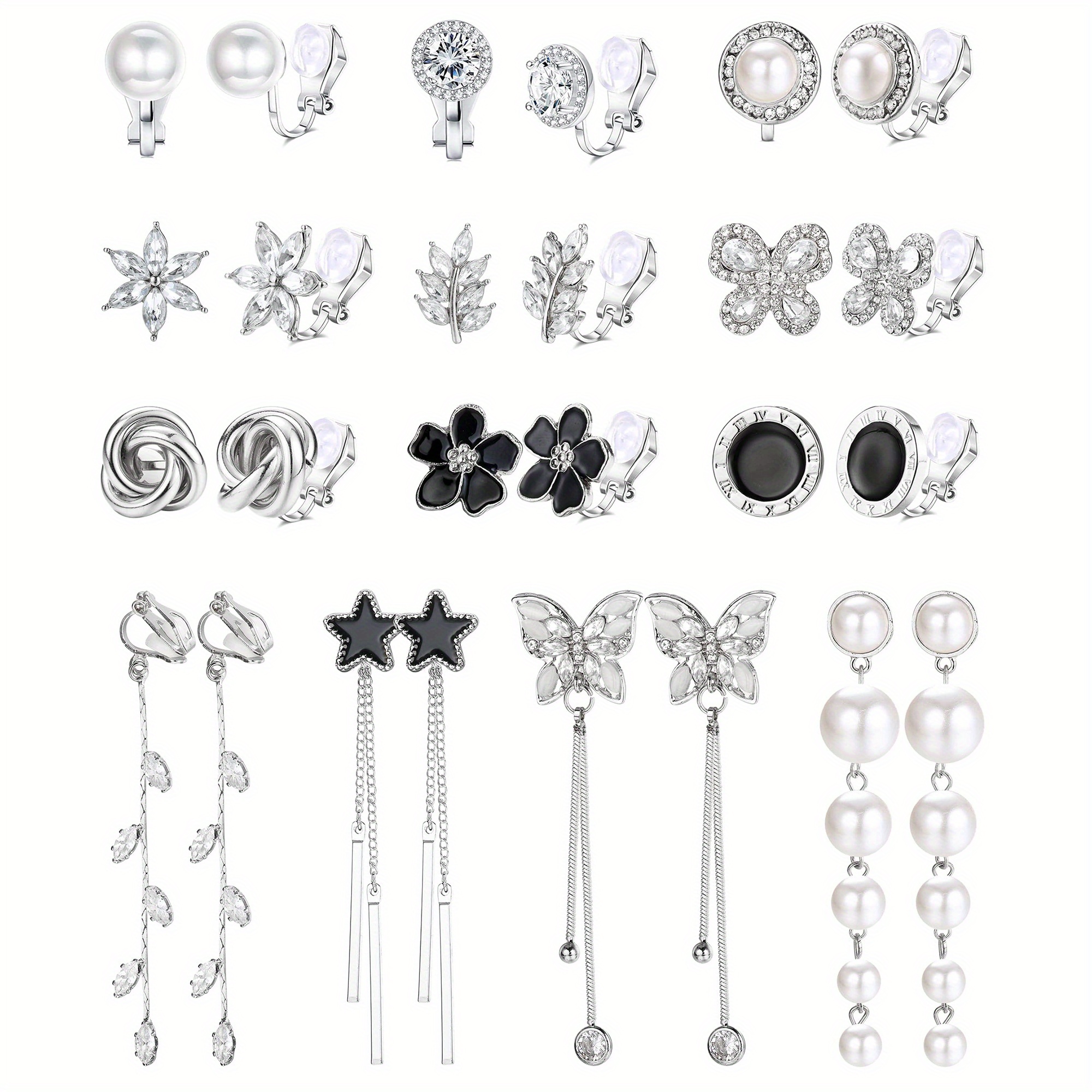 TEMU 13 Pairs, Elegant And Simple Women's Fashion Clip-on Earrings, Black Five-pointed Star Tassel Ear Clips, Flower, Long Clip-on Earrings, Multiple