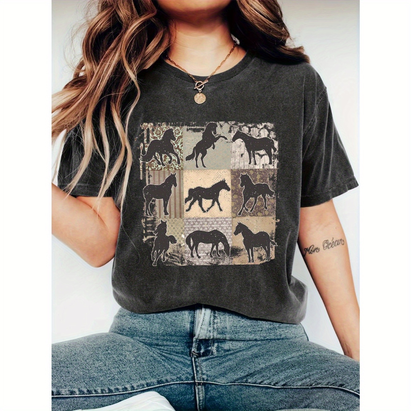 

1pc Horse Print Short Sleeve T-shirt, Casual Crew Neck Polyester Tee, Knit Fabric Top With Alphabet Patterns