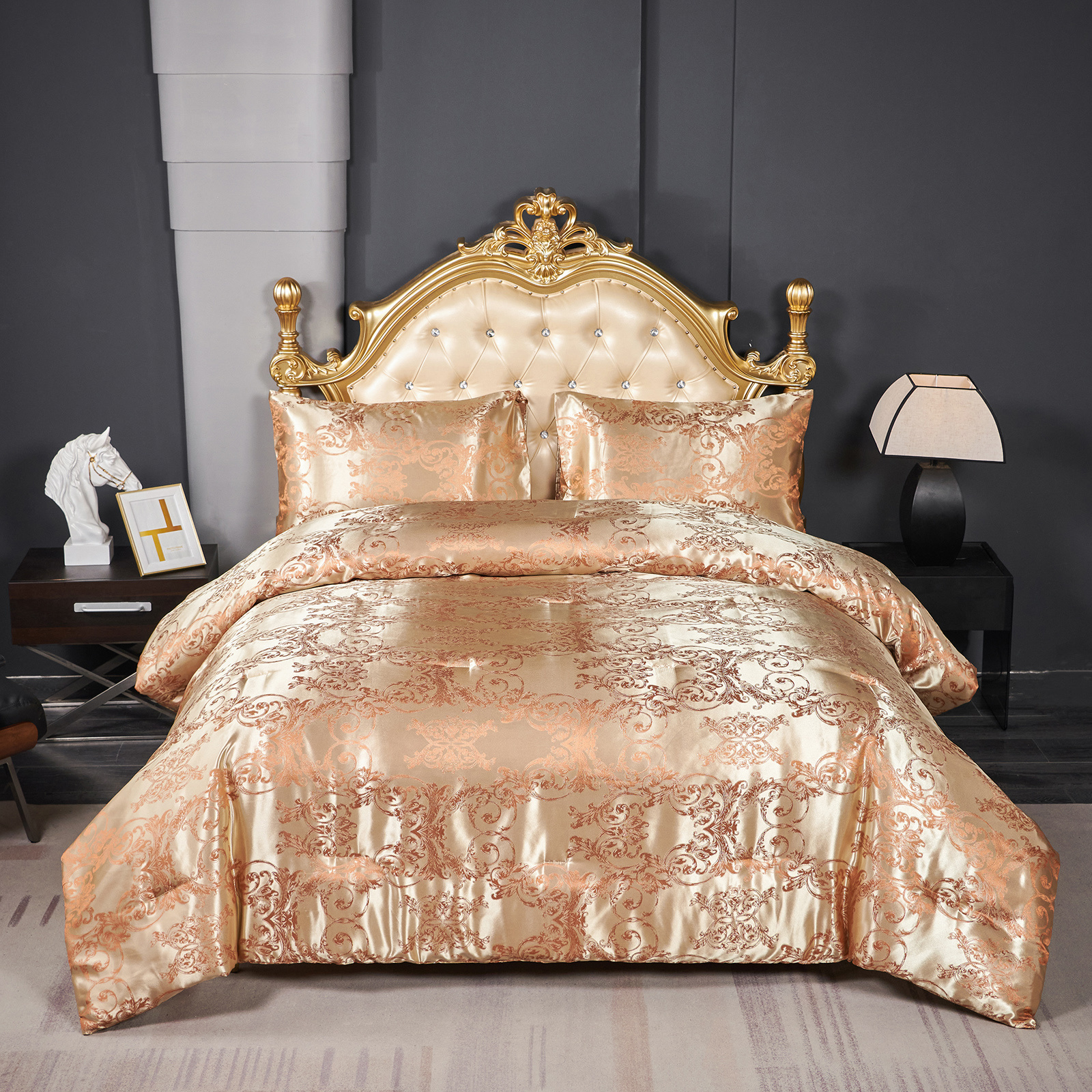 Luxury Jacquard Duvet Cover Set Polyester Bedding Set Embroidery Neoclassical Floral Pattern Golden Vintage Aesthetic Quilt Cover Girls Boys Royal Home Decor