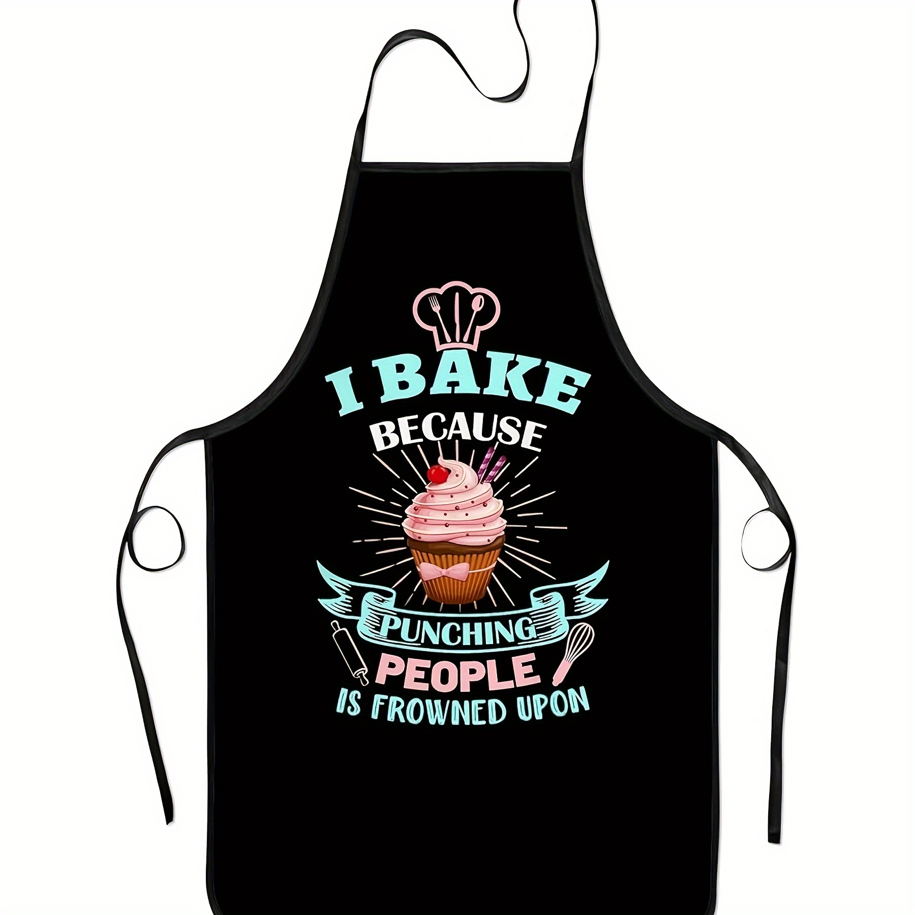 TEMU Funny Baking Apron - Birthday Cupcake Design With " Punching People Is " Text - Lightweight Polyester Chef Apron For - Kitchen Gift For Bakers,