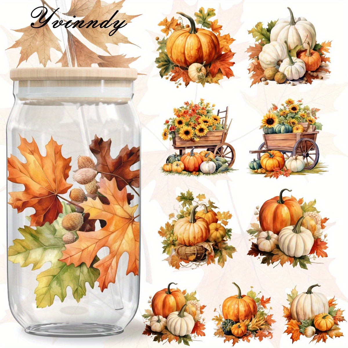 TEMU 5pcs Autumn Pumpkin Pattern 16oz Glass Jar Transfer Paper, Uv Dtf High- Transfer Paper, Suitable For Cup And Bottle Decoration. Only, Cup Not