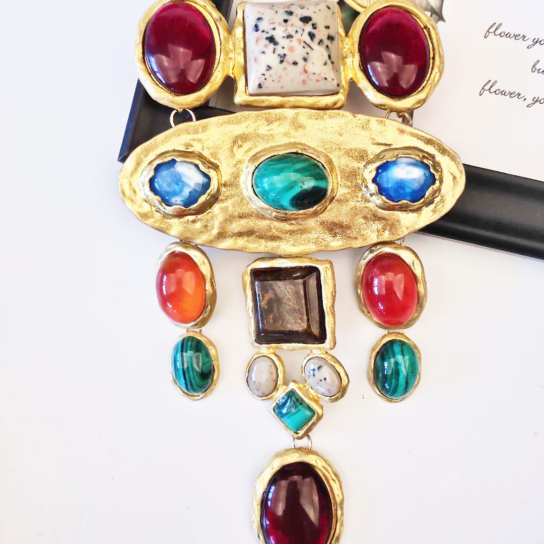 Vintage Geometric Necklace with Crystals, Golden Plated