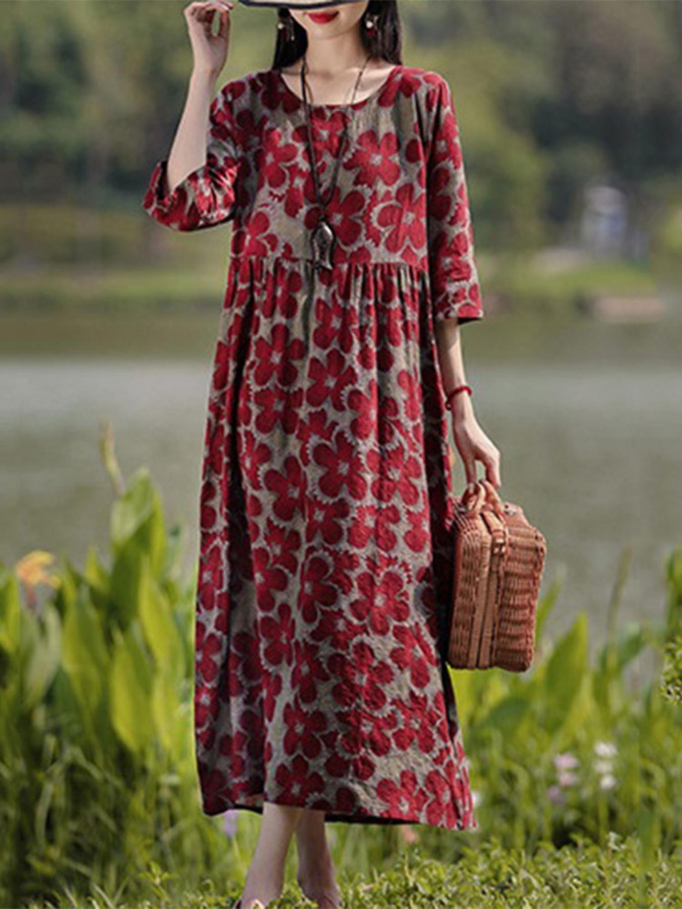 robe longue de fête pour femmes, imprimé floral  , manches 3/4, kaftan décontracté rétro   et  