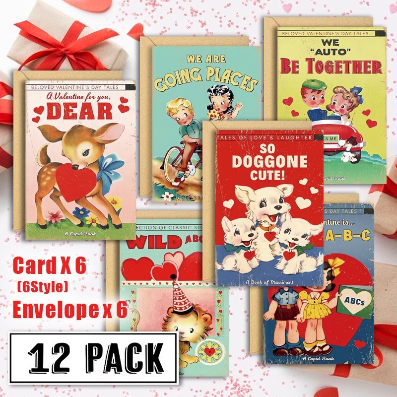 

12-pack Retro Valentine's Day Cards With Envelopes, Illustrations, Paper Floor Mount, No Power Required, Ideal For Couples