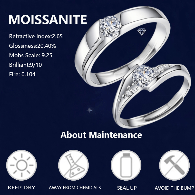 925 Silver 0.5-Carat Moissanite Rings for Couples, Romantic