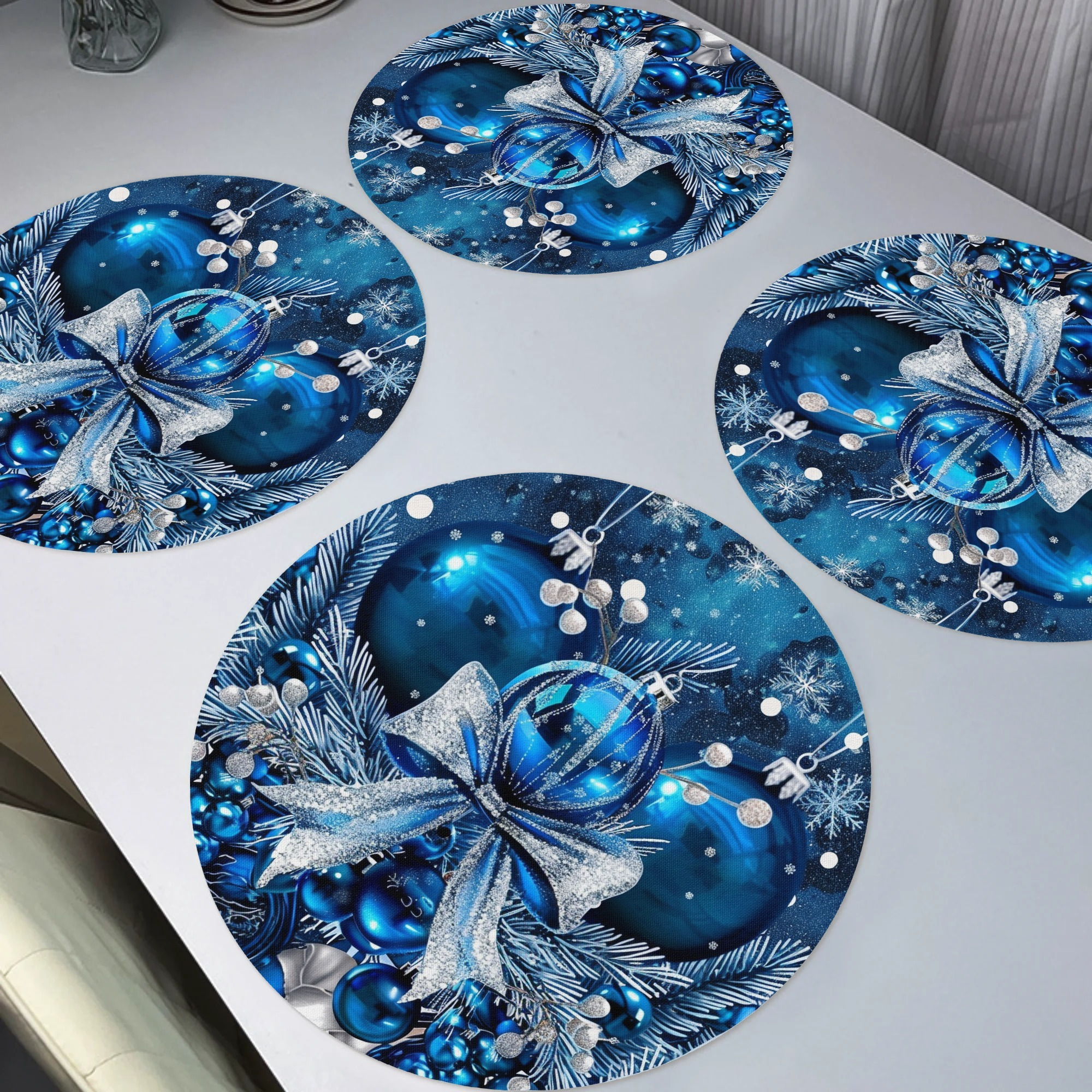 

4pcs Set Blue Christmas Bow Placemats - Non-slip, Washable Round Table Mats For Holiday Dining & Kitchen Decor, 15", Ornaments, Banquet Party, Home Decor