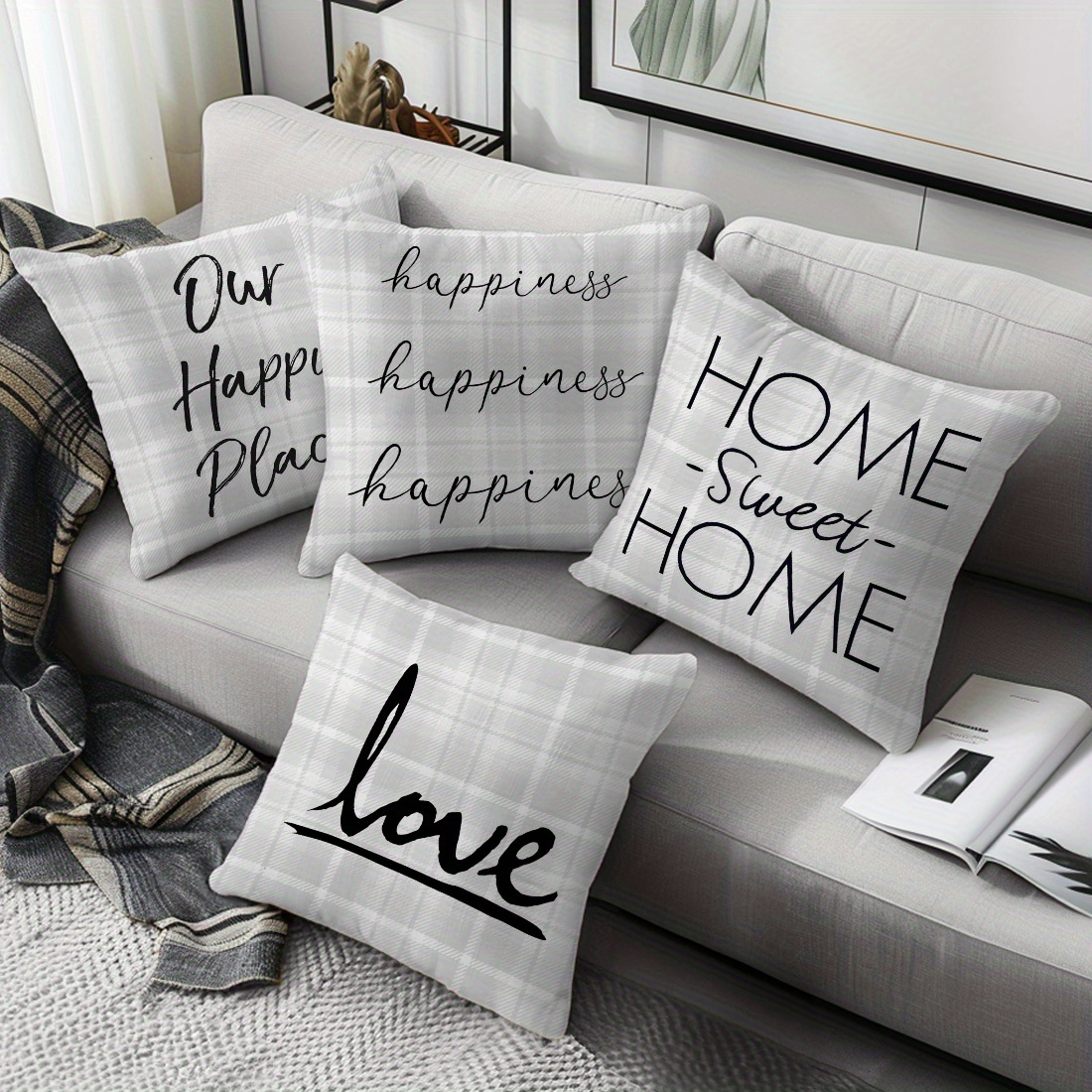 Image of 4, Double-sided Printed Pillow Covers, Sweet Home Plaid Pillow Covers, Suitable For Home Decoration Pillow Covers In Living Rooms, Sofas And Bedrooms, Excluding Pillow Cores