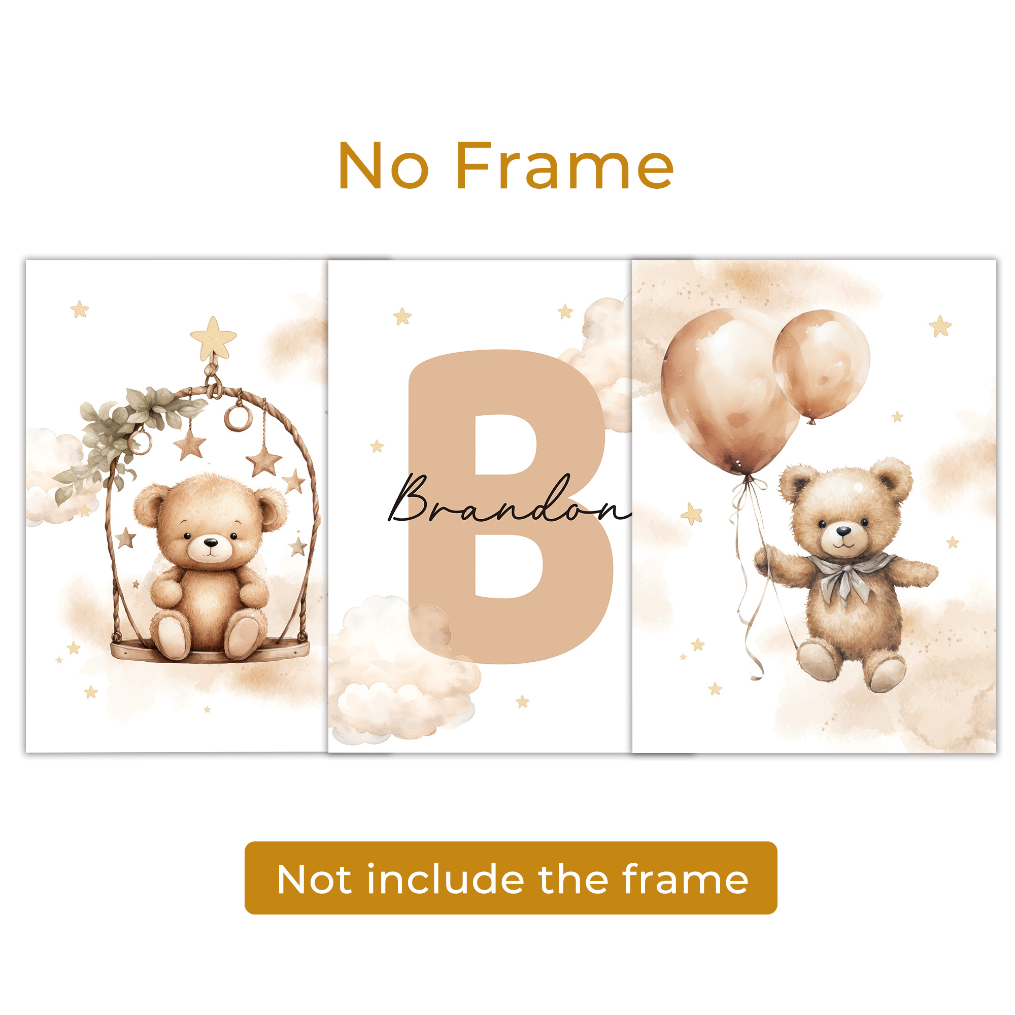 TEMU 2d Flat, 2d Flat, Customized Set Of 3 Personalized Cartoon Canvas Posters Featuring Names, Teddy Bear Decorations, Educational, And Home Decor