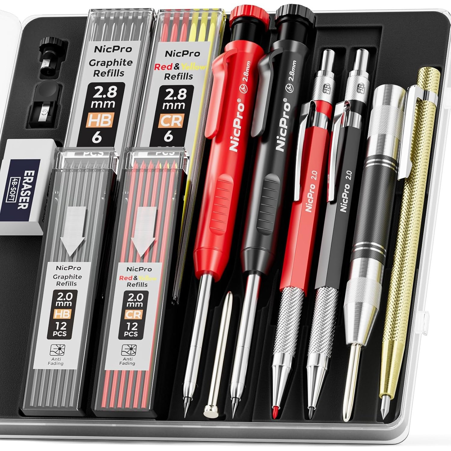 15/18/27pack Carpenter Pencil Set With Sharpener, Mechanical Carpenter Pencils With Refill, Automatic Center Punch And Carbide Scribe Tool, Heavy Duty Construction Pencil For -with Case