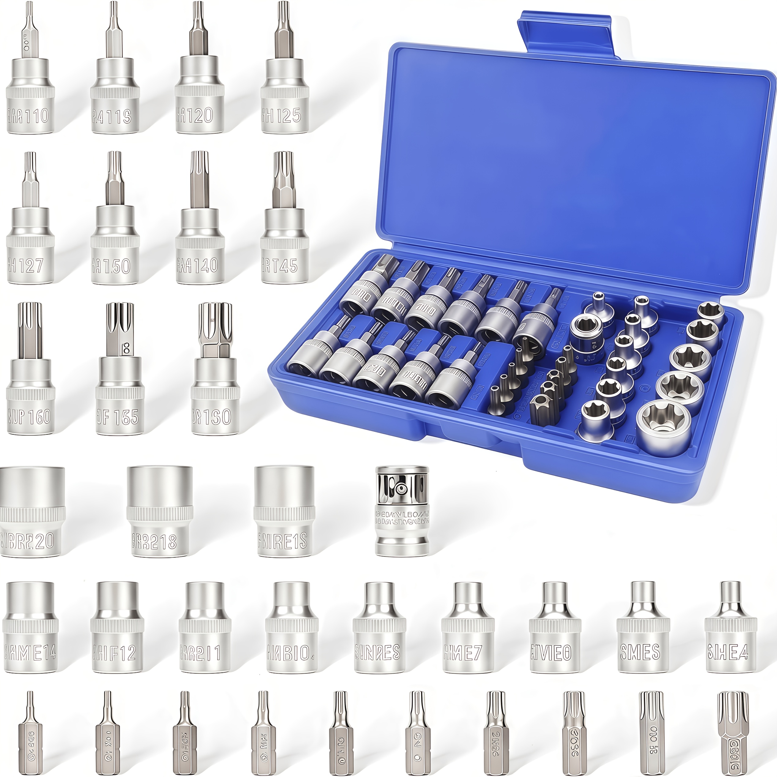 TEMU Jeu de 34 douilles à douille hexagonale Torx et étoile Torx de type E, interface d'embout 1/4", 3/8", 1/2", têtes mâles et femelles, embouts de