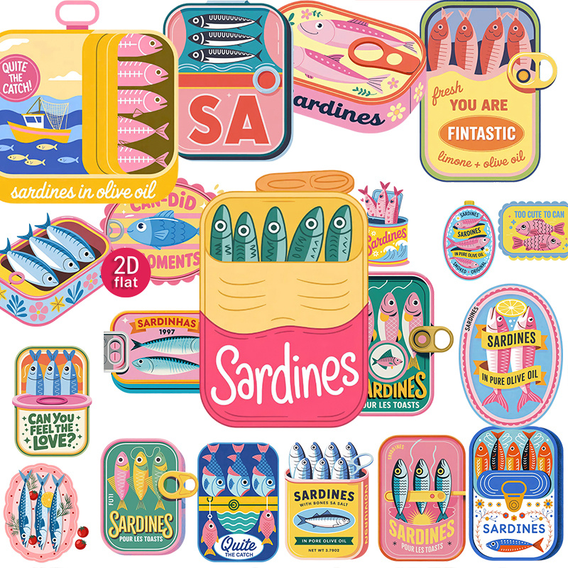 TEMU 2d Flat 20pcs Vintage Sardine Can Decorative Stickers, Cute Creative Cartoon Fish Decals For Journal, , Notebook, , Diaries, Photo Albums,