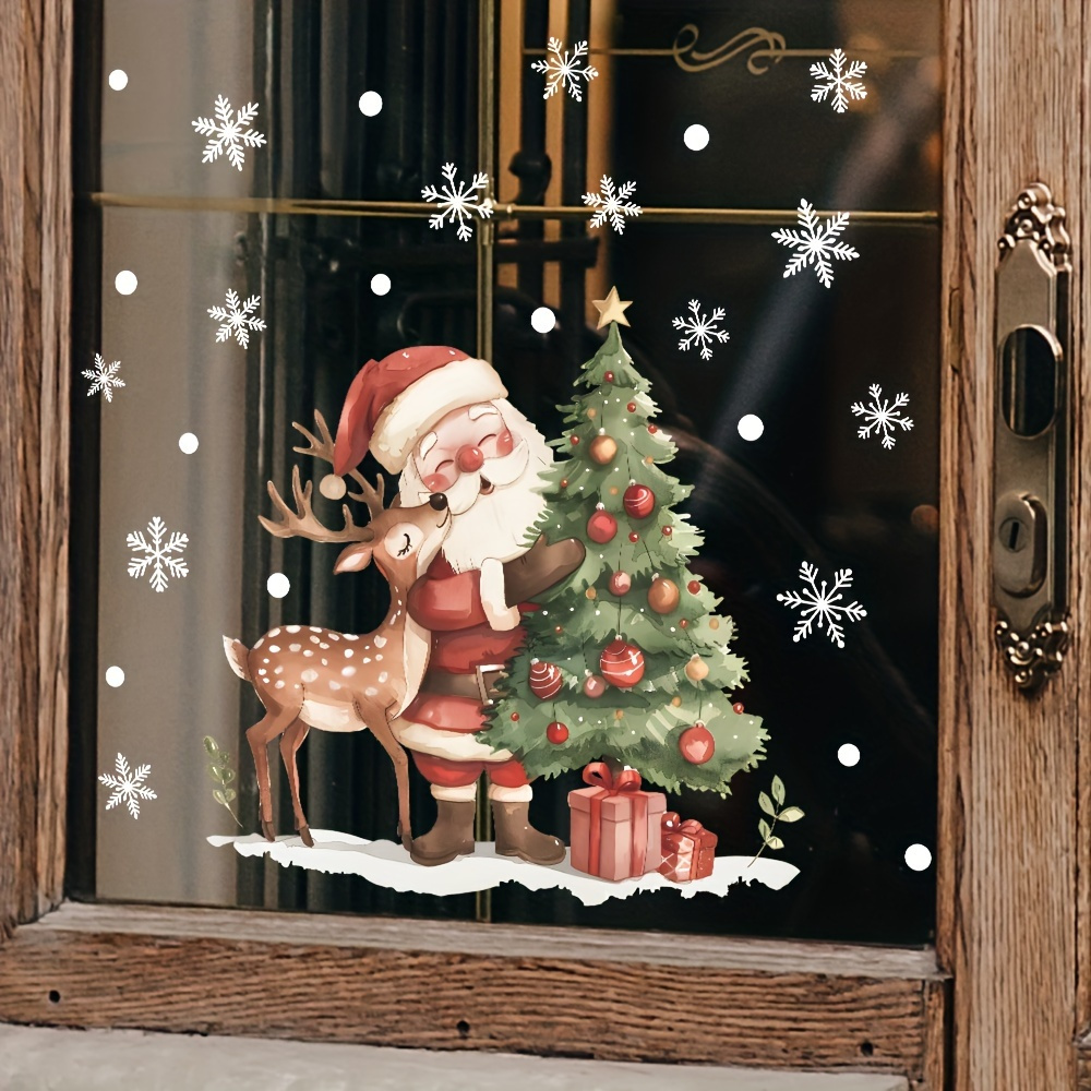 Image of 1pc, Christmas Window Cling, 11.8x11.8inch, Pvc, Cartoon Santa & Reindeer Snowflake Tree, High Quality, Removable, Static Cling, Reusable, For Glass Door Decoration
