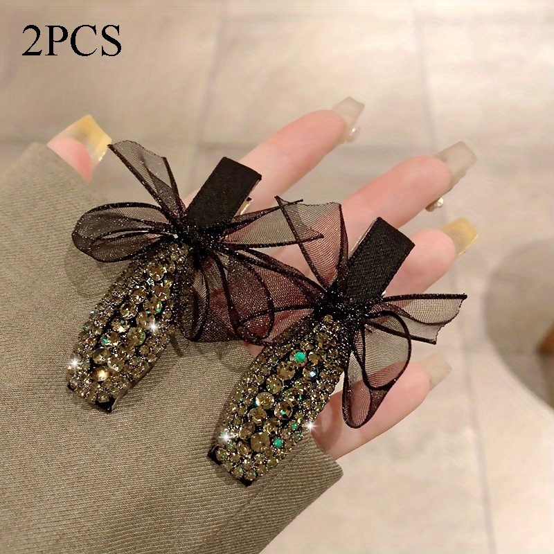 TEMU 2 Elegant Black Duckbill Clips, Vintage Black Lace Bow And -encrusted Hairpins, Lace Bow Hair Accessories, Sophisticated Hair Ornaments With