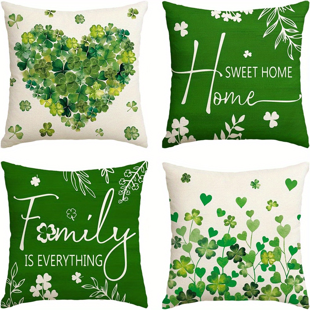 TEMU 4pcs 's Day Clover Pillow Covers, 18x18 Inches, "" & "" Shamrock Design, Machine Washable Polyester, Festive Sofa Decor With Heart & Clover (no Inserts), Decorative Pillows