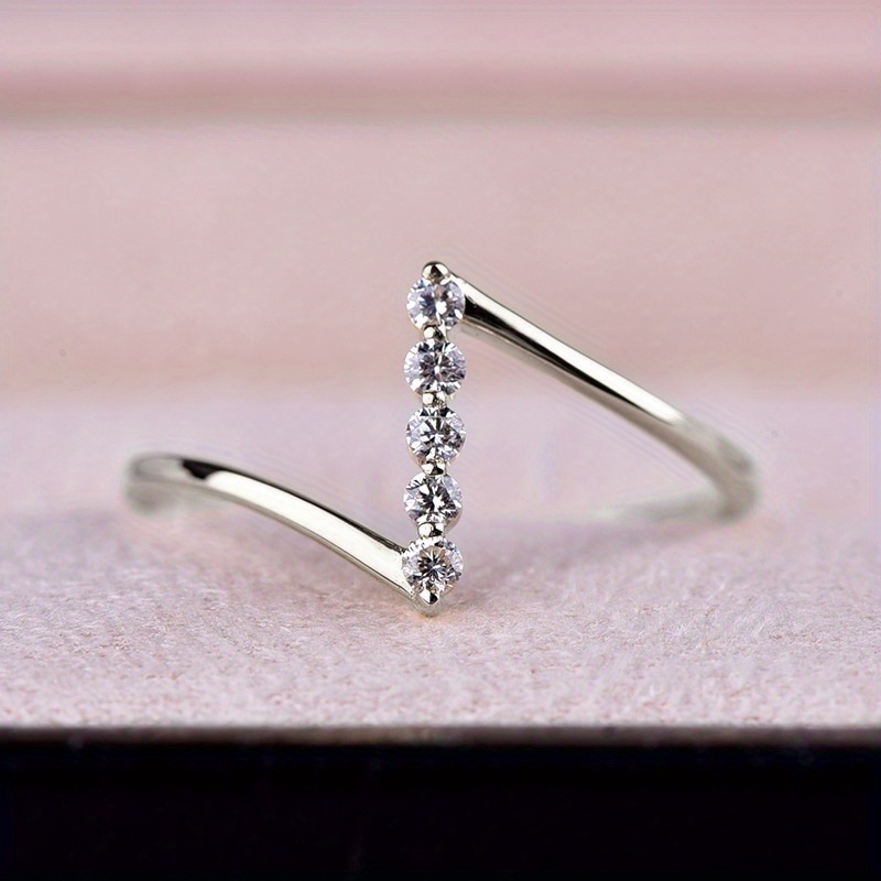 Dainty Z-Shaped Cubic Zirconia Ring for Women: Sparkling Minimalist Jewelry, Perfect for Office Wear, Romantic Dates And Evening Events