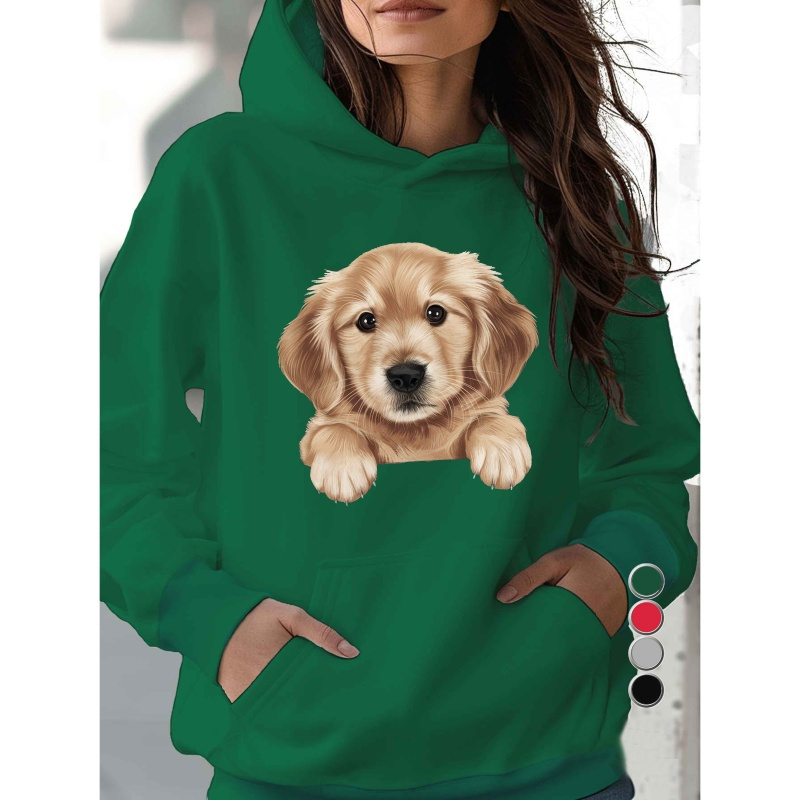 

Women's Casual Hoodie With Golden Retriever Puppy Print, 100% Polyester Knit Fabric, Geometric Pattern, Fall/winter Season, Hooded Collar, Pockets, 250gsm - Cozy Warm Hoodie