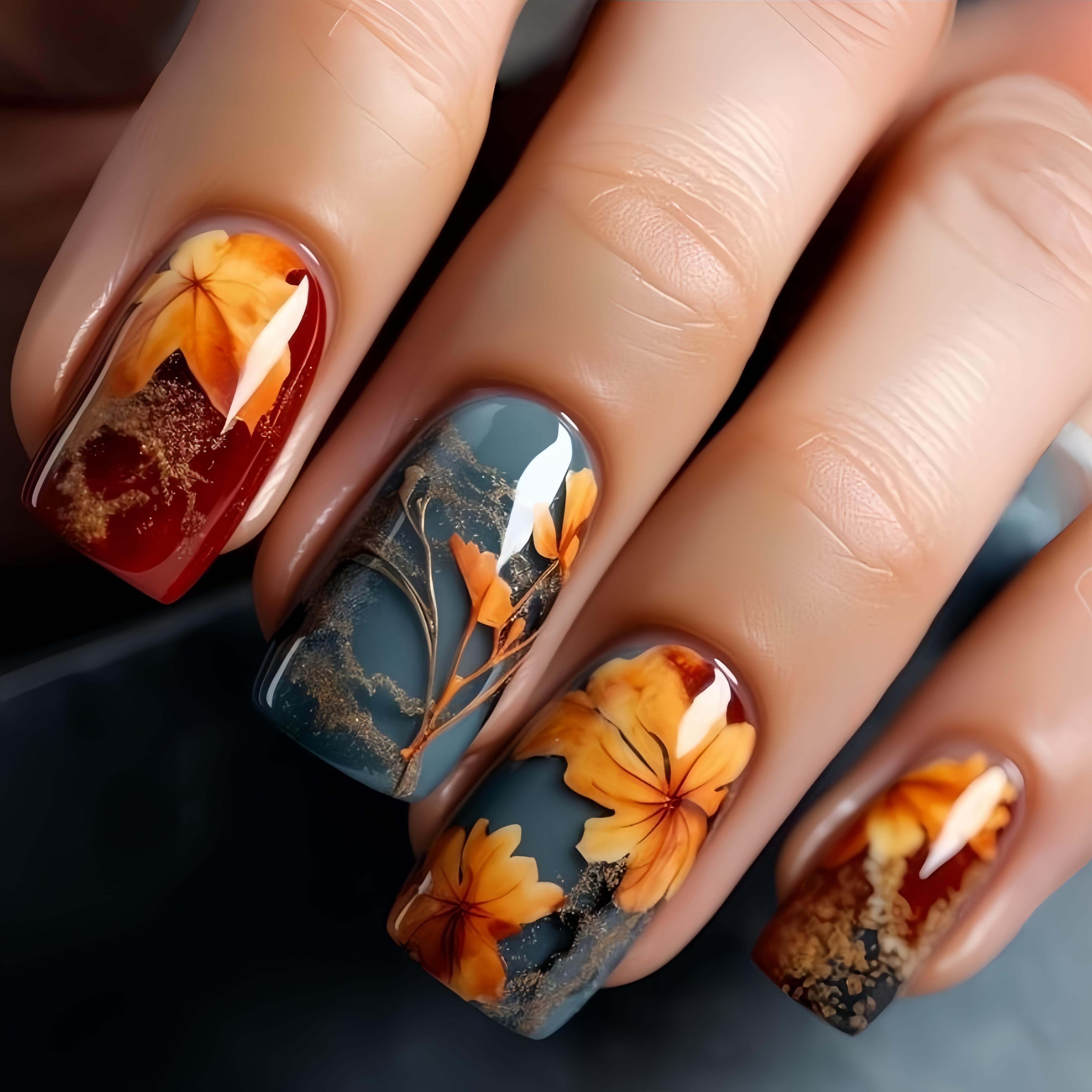 TEMU 24pcs Maple Leaf Design Press-on Nails, Blue Ombre Nails, Autumn Winter Nail Art, Removable Fake Nails, Medium Length Square Press-on Nails For Women