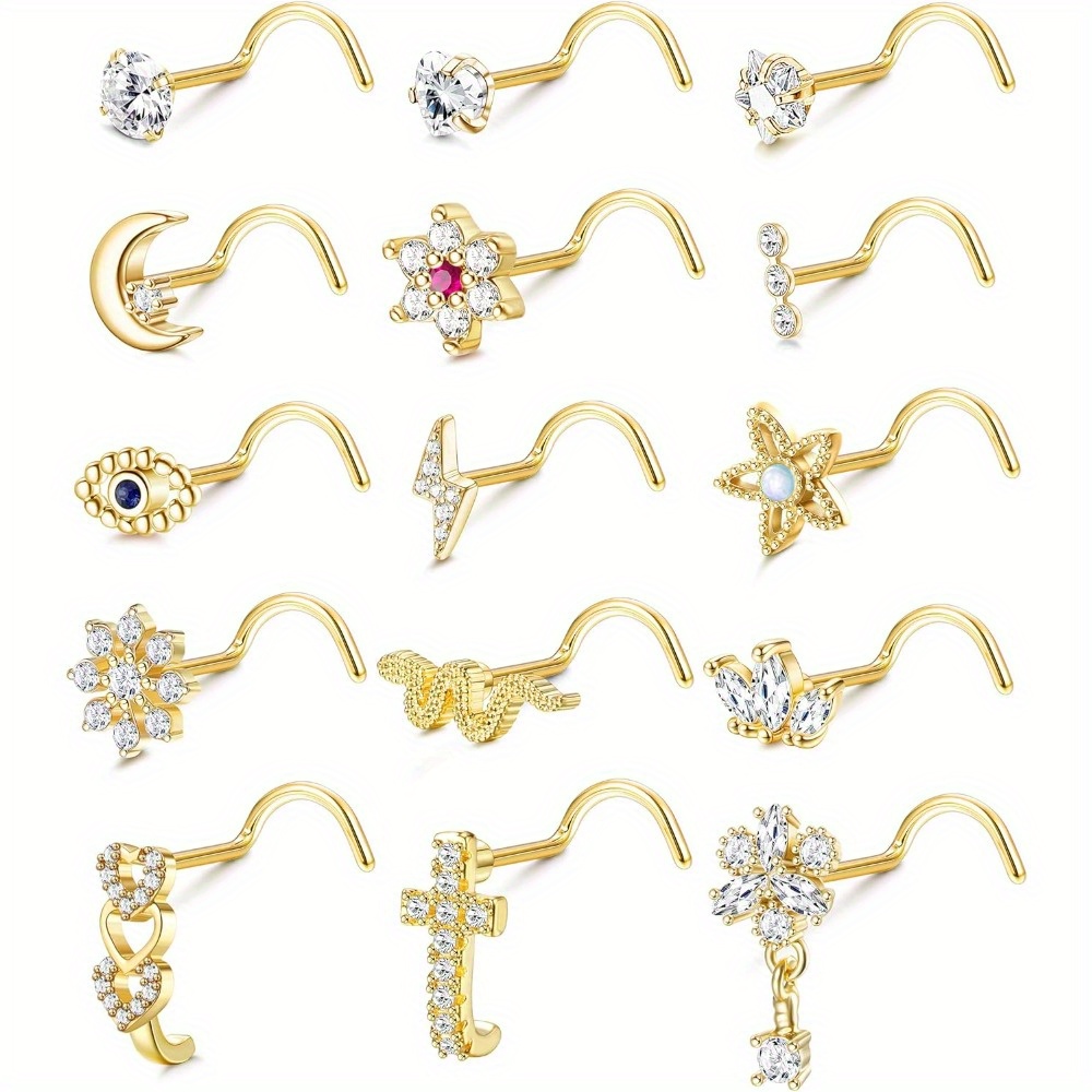 Image of Set Of 15 Nose Studs Featuring Corkscrew Designs, Suitable For Men And Women. With Cubic Zirconia In Of Stars, , Flowers, And Hearts, Golden-tone Nose Piercings Are Perfect For Jewelry Lovers