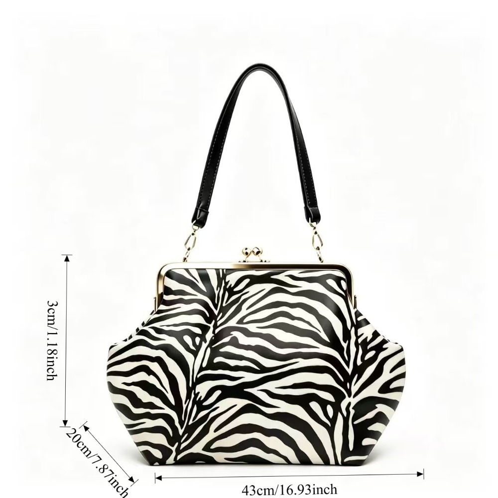 TEMU 1pc Large Zebra Kiss Lock Handbag - Sweet Retro Striped Shoulder Bag With Kiss Lock Closure, Water Armpit Bag Suitable For Parties, Commuting,