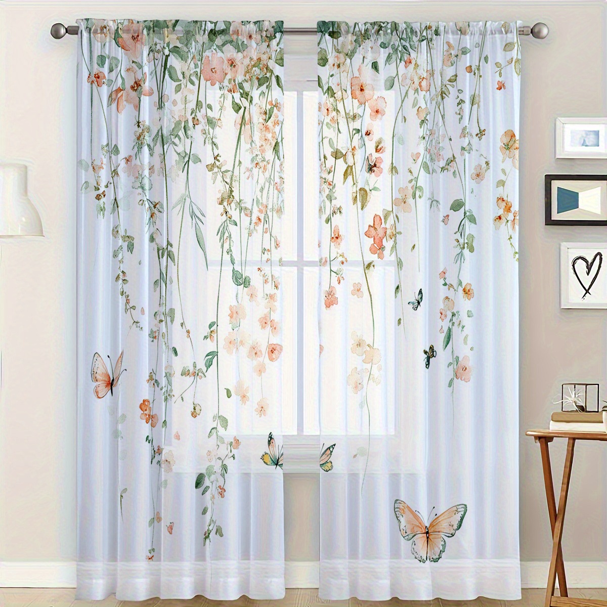 TEMU 2pcs Rideaux Semi-Transparents, Festifs, Cadeau, Décoration de Mariage, Rideaux de Fenêtre, Rideaux Voilages Aquarelles Floraux Papillons