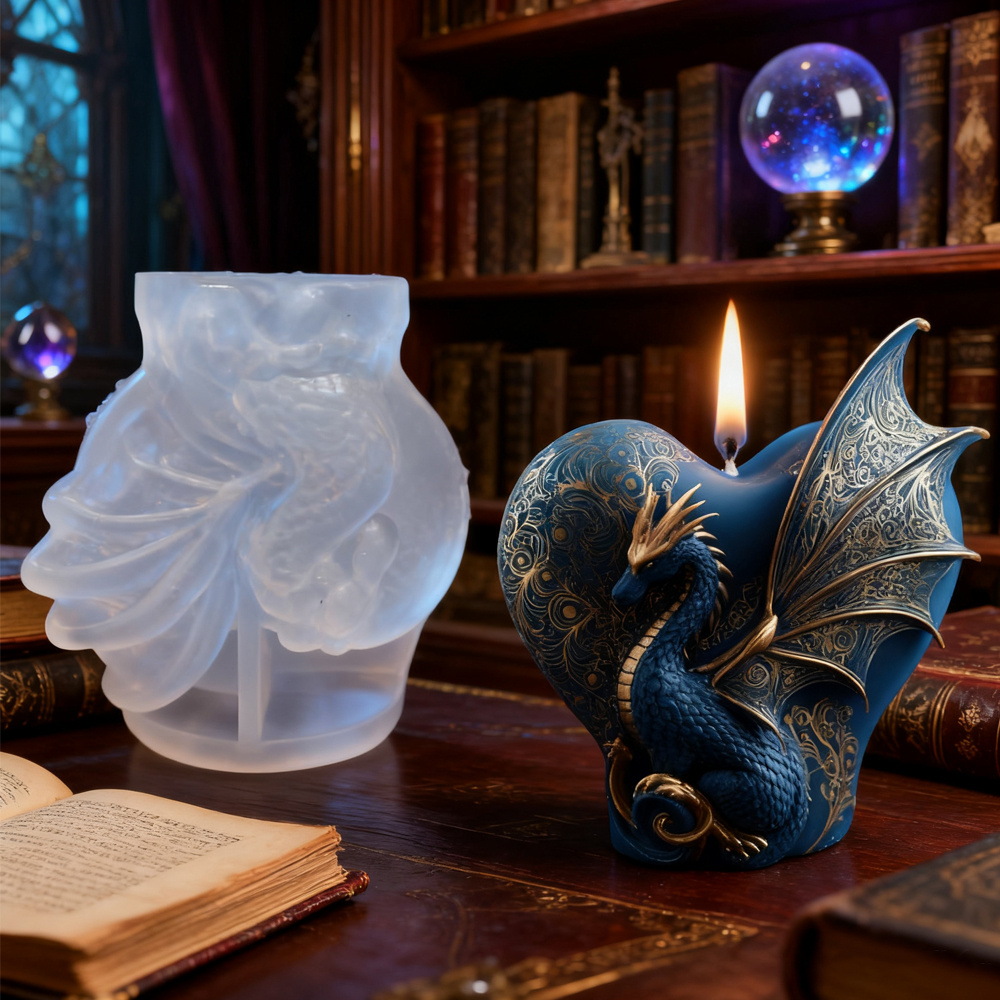 E-shop Herz & Drache Silikon Kerzenform - 3D Drachenmuster Säulenkerzenform geeignet für Valentinstagsgeschenke, Seifenformen, Harzkunst - Antihaft für