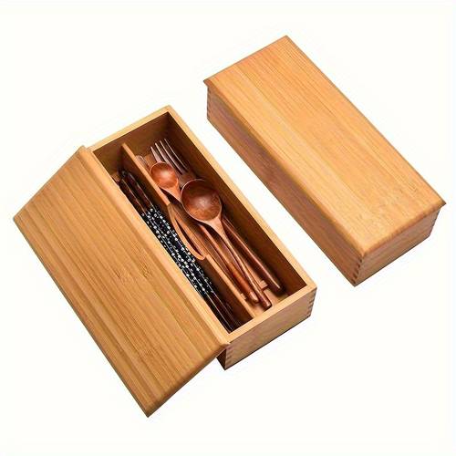 1 stuks bestekopbergbak met deksel - een handige keuken organizer voor eetstokjes, vorken en lepels, met een houten ontwerp met twee vakken, een draagbare bestekhouder