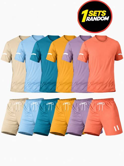 plus size mens set 14pcs printed design mens casual sportswear combination set 2pcs set quick dry breathable mens short sleeve round neck t shirt and elastic waist shorts with pockets suitable for spring summer and autumn
