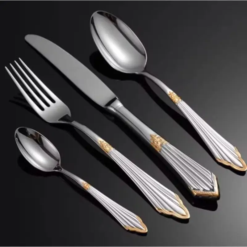 24pcs luxury flatware set in silvery color with golden accents premium 304 stainless steel flatware cutlery and tableware serving 6 Product details 1