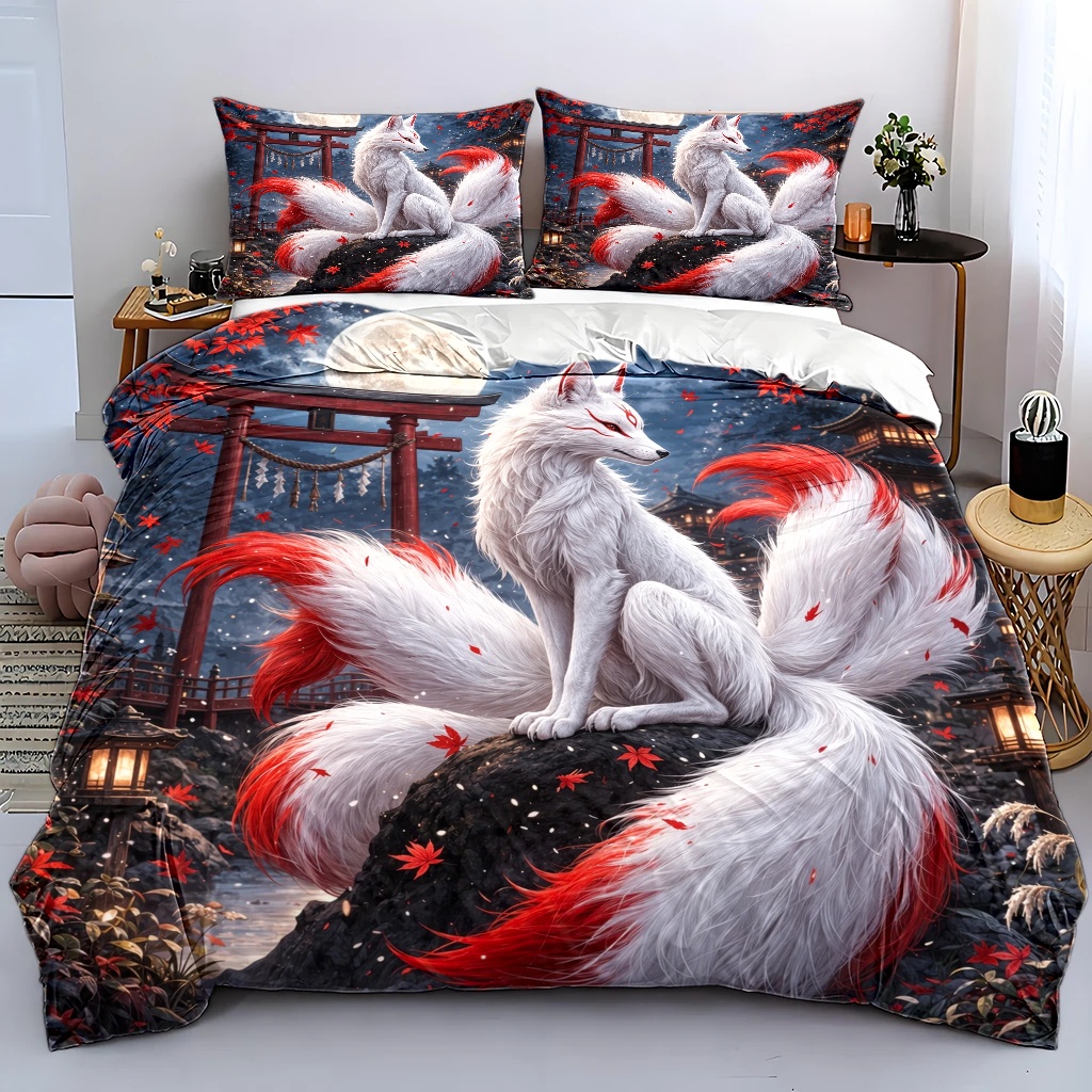 TEMU 3pcs Japanese Nine-tailed Fox Maple Leaf Night Themed Duvet Cover Set, Bedding (1*duvet Cover   2*pillowcases), Suitable For , Machine Washable,