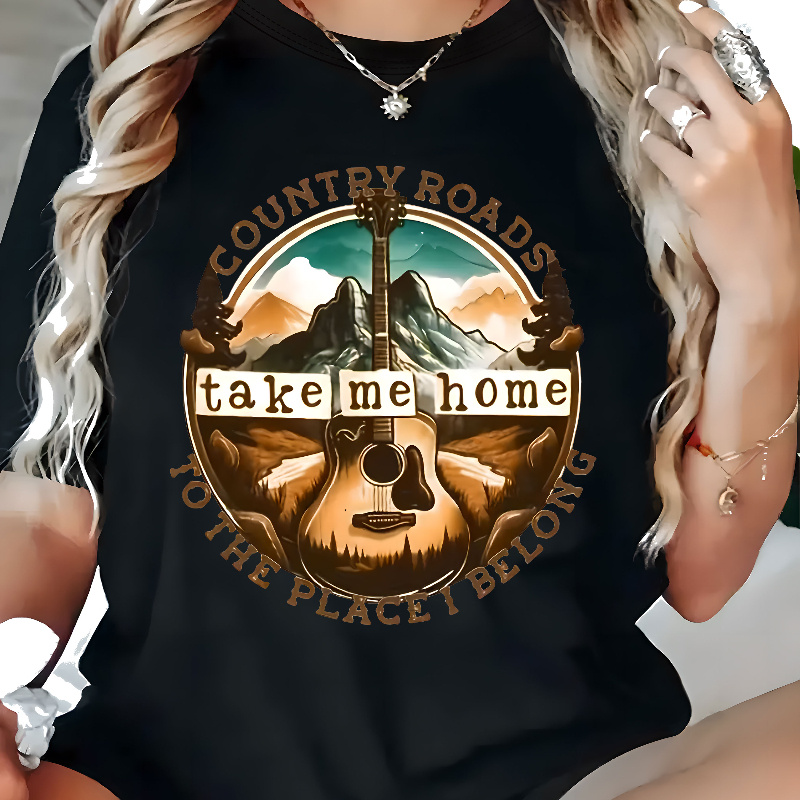 

Plus Size Casual Crew Neck T-shirt, Polyester Knit Fabric With Slight Stretch, Geometric Guitar Pattern, Short Sleeve, Oversized Fit, For All