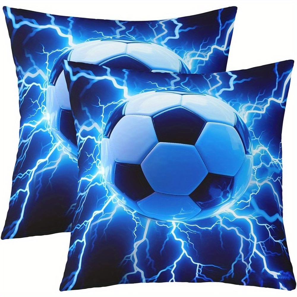 TEMU 2pcs, Single-sided Print, Suitable For Outdoor Use, Blue Lightning Football Series Pillowcase, Featuring Blue Lightning Football Print, In