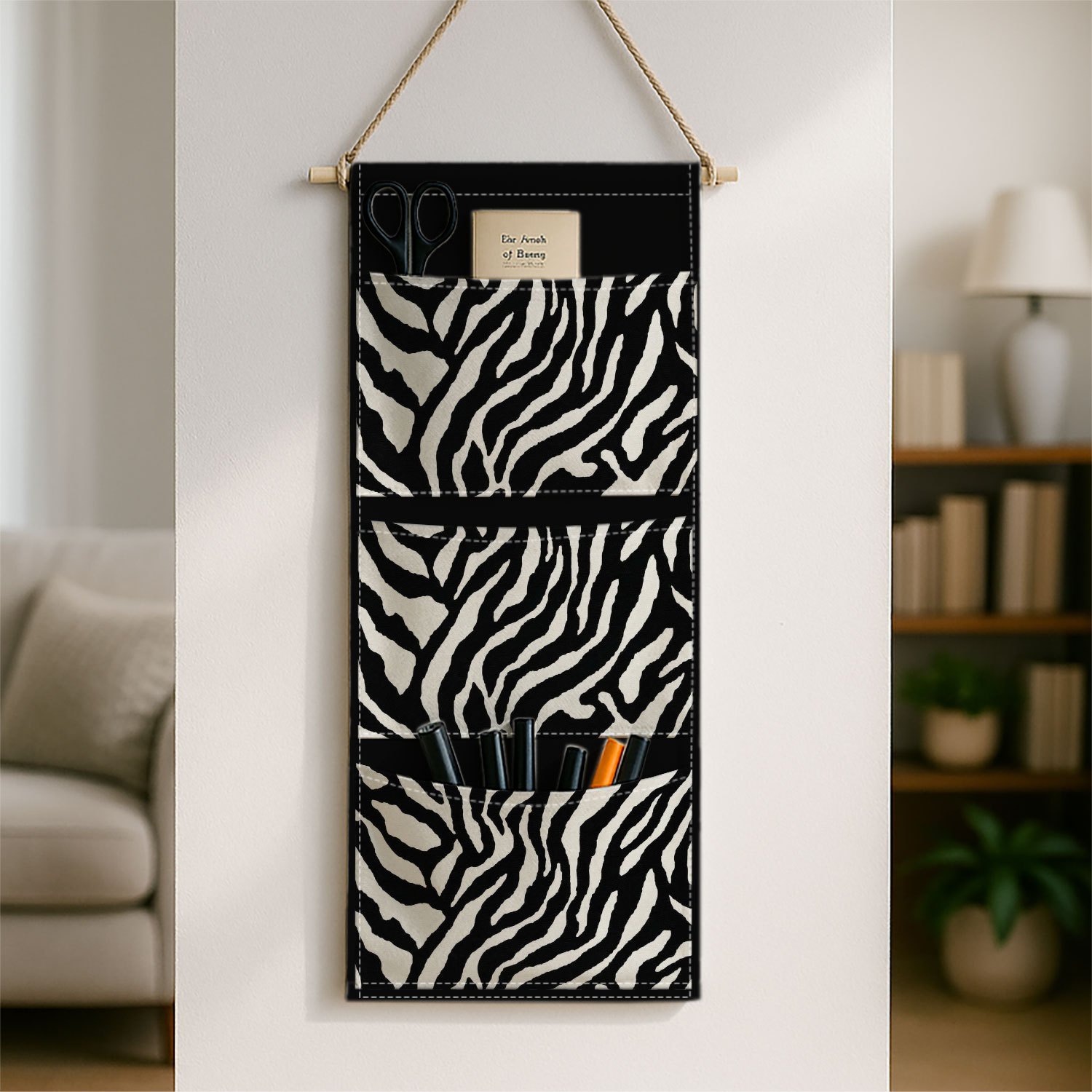 TEMU 1pc Practical Wall Hanging Storage Bag| Modern Minimalist Monochrome -zebra Stripe Animal Pattern Printing, Sturdy Structure, Multiple Pockets,