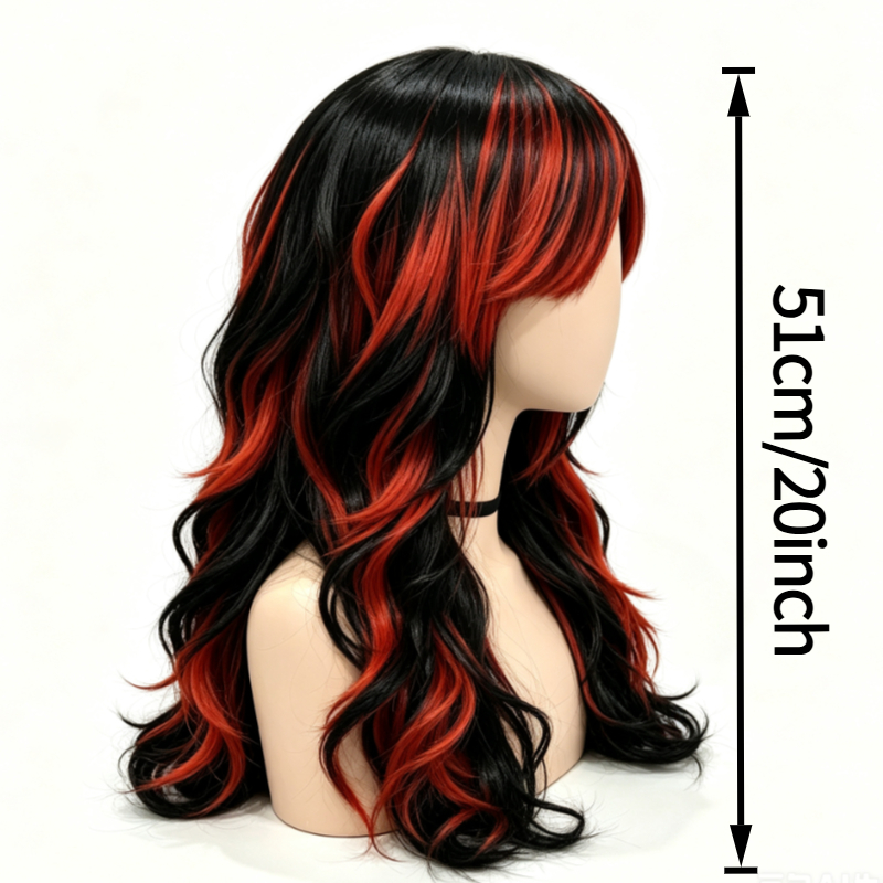 TEMU Perruque AOIFE à thème anime dégradé rouge/noir avec filet réglable - Cheveux longs ondulés adaptés , frange, filet intérieur respirant pour un