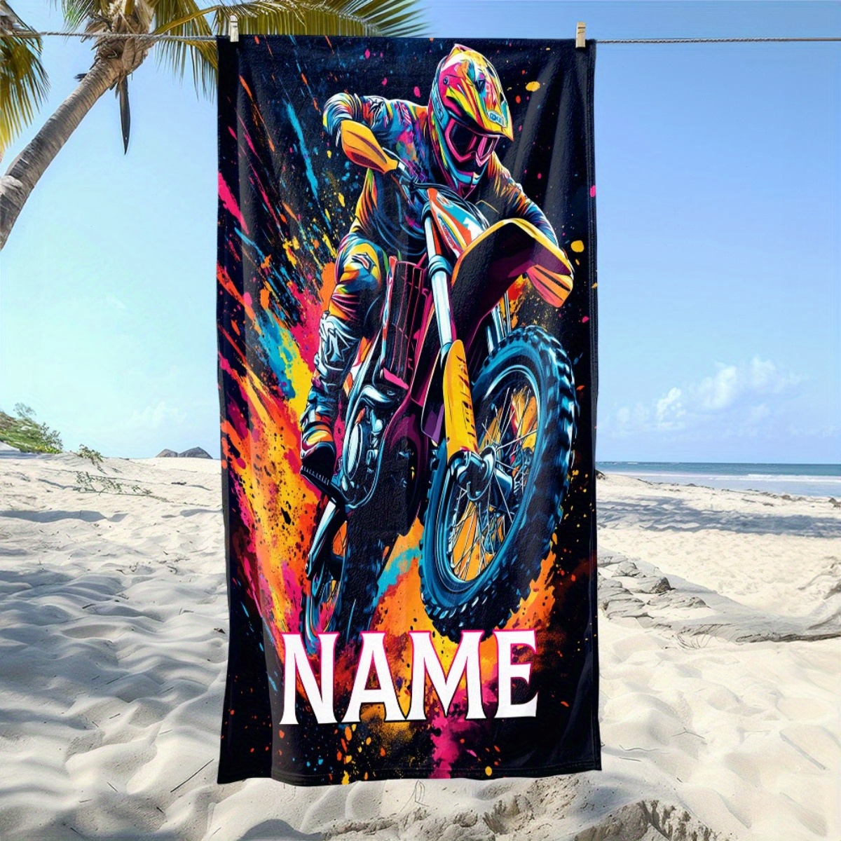 TEMU 1pc Motorcycle Rider Custom Name Beach Towel - Soft, Ultra-absorbent Microfiber, Lightweight, Beach, Parties, Travel, Camping - 55x27in/63x31in,
