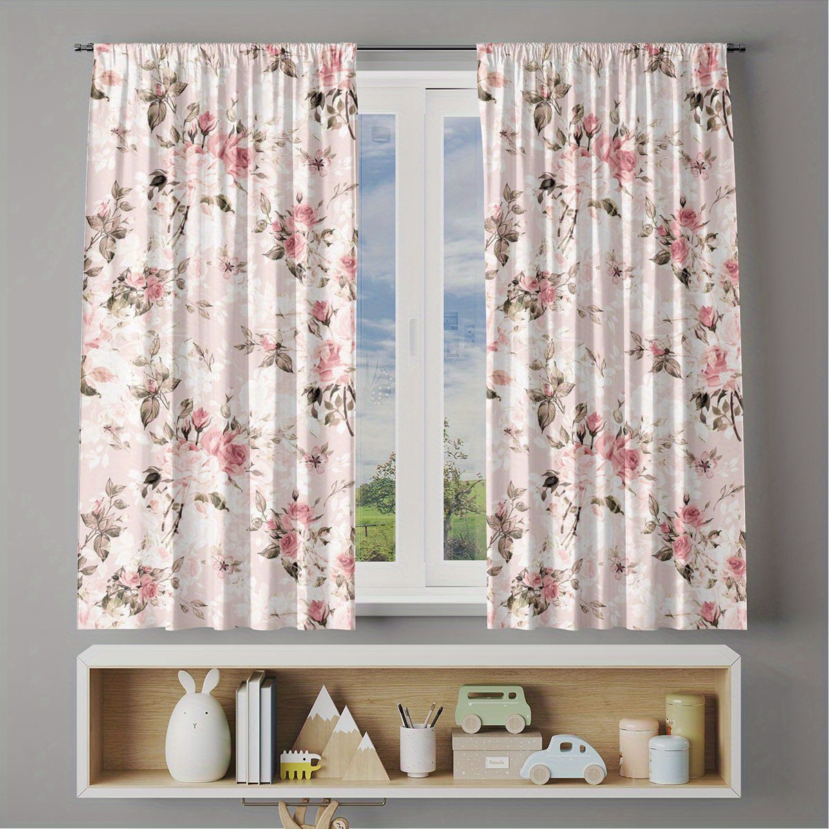 TEMU 2d Flat, 2pcs 2d Flat Printing Curtain Fabrics Pink Floral Roses Print Curtainsinsulation Blackout Curtains For Bedroom Kitchen Bedroom Living
