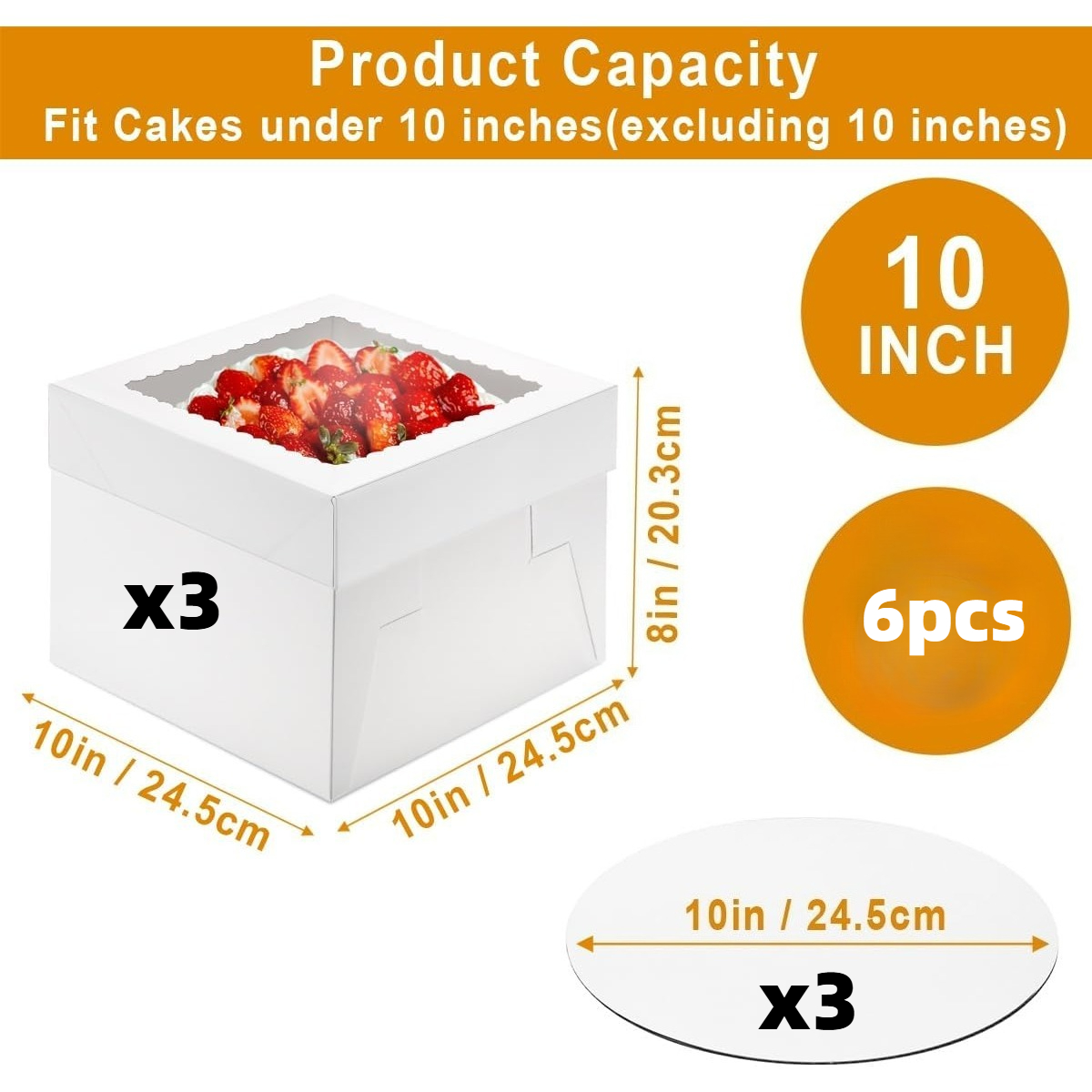 Image of 6pcs 3 Cake Boxes +3 Boards 10x10x8 Inch Box With Boards, For Bento Cakes, Layer Cakes, Wedding And Birthday Cakes, Sturdy Cake Boxes With Matching 10 Inch Cake Boards