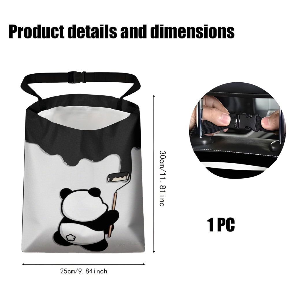 TEMU 1pc Hanging Car Trash Bag With Adorable Panda Print - Adjustable & Foldable Vehicle Garbage Organizer Suitable For Backseat, Trunk Storage, Car