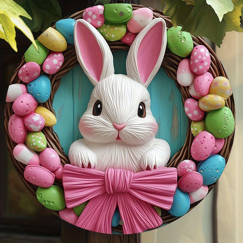 

1pc Easter Bunny Wreath With Eggs & - Battery-free Round Wooden Wall Art For , Ideal For Halloween, Valentine's, 's Day & More - Spring Decor