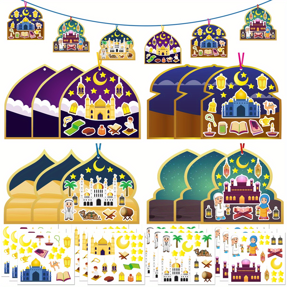 

24pcs Ramadan & Diy Paper Scene Stickers With Ribbon, Mosque & Al Hanging Ornaments, No Battery, For Home & Party Decorations