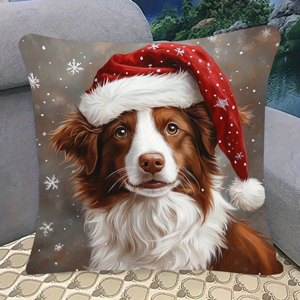 TEMU 1pc Of Christmas-themed Border Collie Pillow Cover, Made Of Soft And Comfortable Polyester Short Plush Fabric, Single-sided Printed (pillow
