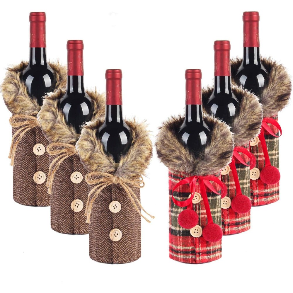 Image of Of 6 Wine Bottle Covers Designed Like Christmas Sweaters, Featuring Faux Fur Collars And Button Details, Perfect For Holiday Party Decor